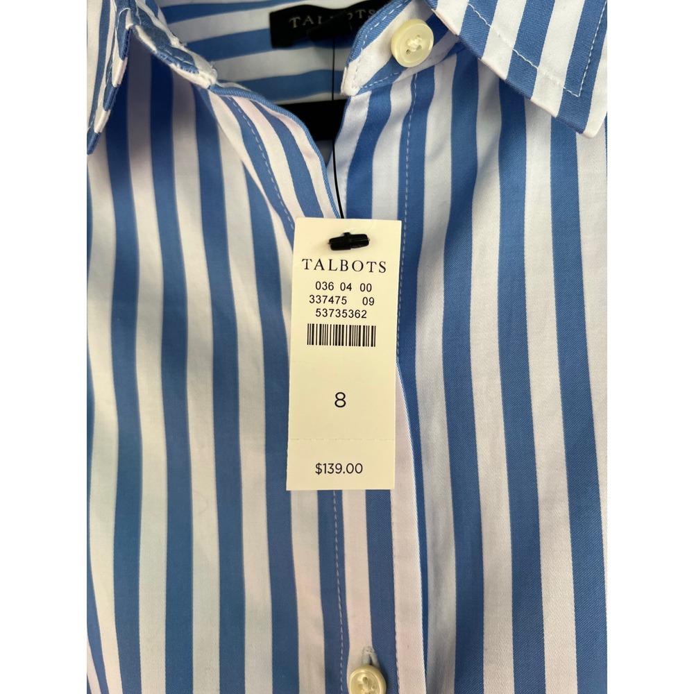 Talbots Blue White Striped Cotton Shirt Dress Pockets Tie Belted Size 8 Medium - Picture 5 of 8